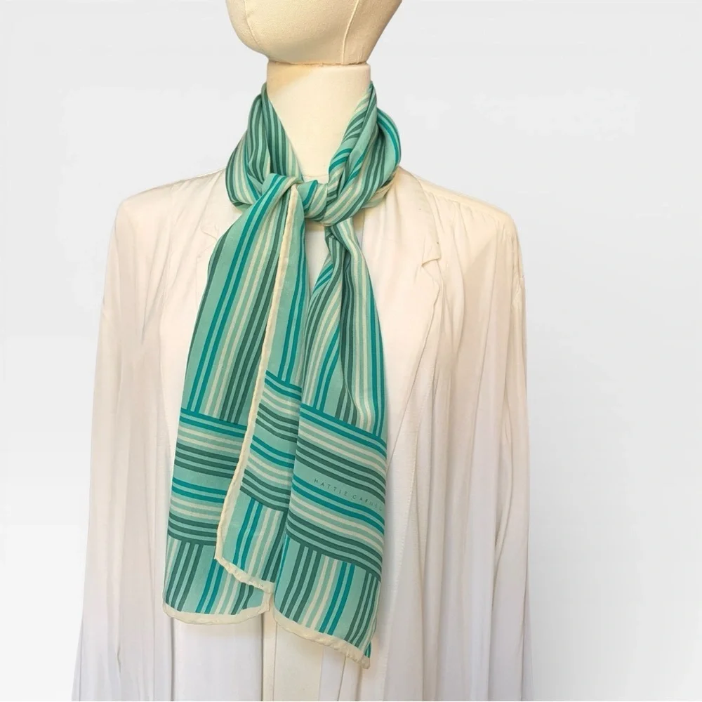 VIntage Hattie Carnegie 100% hand rolled silk scarf striped retro mod green